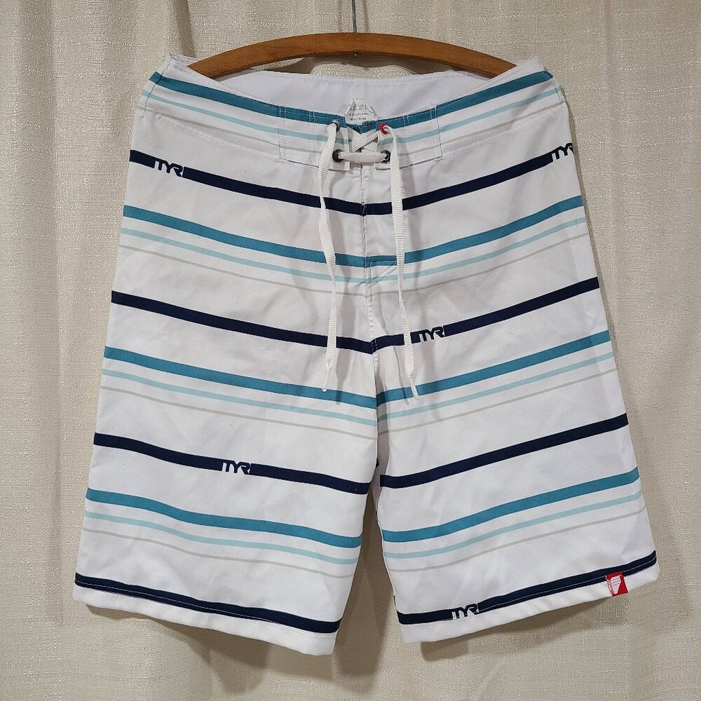 TYR men's board shorts swim trunks size 30 white blue striped tie